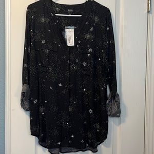 NWT. Black blouse with white stars.